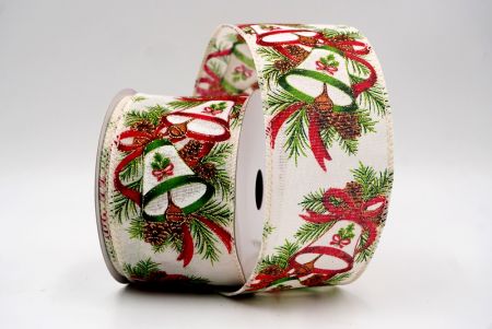 क्रीम_क्रिसमस बेल और पाइनकोन वायर्ड रिबन_KF9525GC-2-2