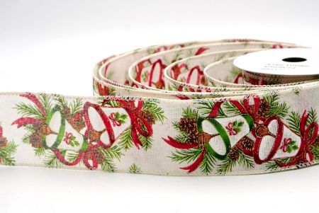क्रीम_क्रिसमस बेल और पाइनकोन वायर्ड रिबन_KF9525GC-2-2