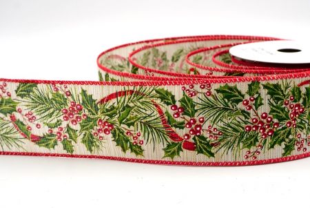 खाकी/लाल_छुट्टी बेरी और हरियाली वायर्ड रिबन_KF95266GC-13-7