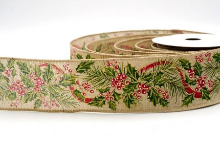 खाकी_छुट्टी बेरी और हरियाली वायर्ड रिबन_KF9527GC-13-183