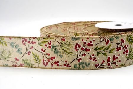 खाकी_छुट्टी बेरी और हरियाली वायर्ड रिबन_KF9530GC-13-183