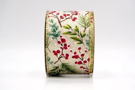 क्रीम_हॉलिडे बेरीज़ और हरी पत्तियाँ वायर्ड रिबन_KF9531G-2