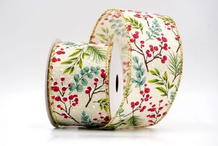 क्रीम_हॉलिडे बेरीज़ और हरी पत्तियाँ वायर्ड रिबन_KF9531G-2
