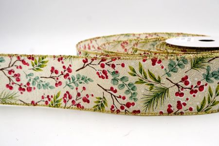 क्रीम_हॉलिडे बेरीज़ और हरी पत्तियाँ वायर्ड रिबन_KF9531G-2