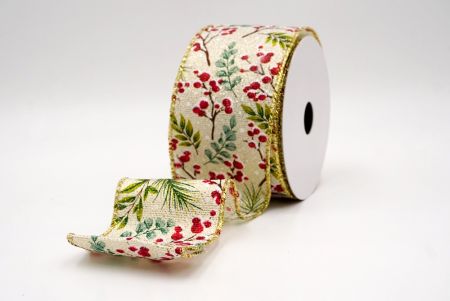 क्रीम_हॉलिडे बेरीज़ और हरी पत्तियाँ वायर्ड रिबन_KF9531G-2