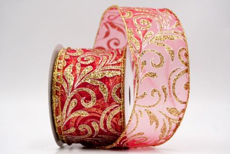 Sheer Red/Gold_Glittery Scroll Wired Ribbon_KF9571G-7