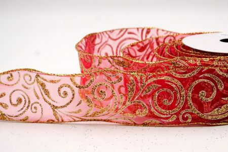 Sheer Red/Gold_Glittery Scroll Wired Ribbon_KF9571G-7