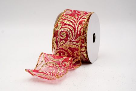 Sheer Red/Gold_Glittery Scroll Wired Ribbon_KF9571G-7