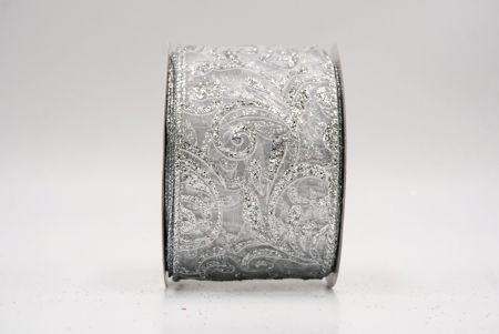 Sheer White/Silver_Glittery Scroll Wired Ribbon_KF9573G-1