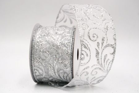 Sheer White/Silver_Glittery Scroll Wired Ribbon_KF9573G-1