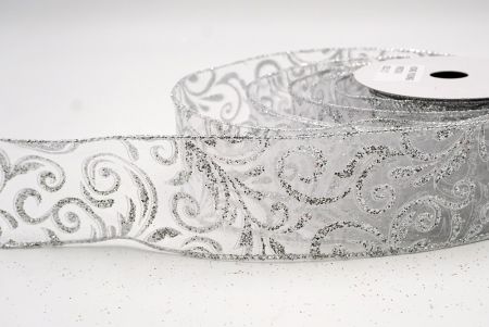 Sheer White/Silver_Glittery Scroll Wired Ribbon_KF9573G-1