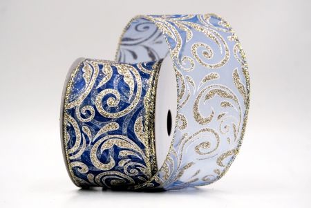 Sheer Navy Blue/Silver_Glittery Scroll Wired Ribbon_KF9573GV-4