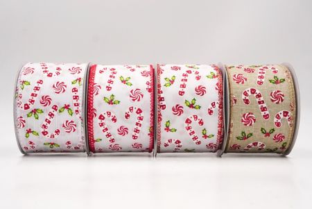 Candy Canes & Holly Berry Christmas Wired Ribbon - Candy Canes & Holly Berry Christmas Wired Ribbon