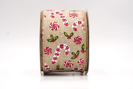 Cinta de alambre de Navidad con bastones de caramelo marrones claros y bayas de acebo_KF9578GC-13-183