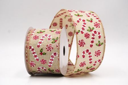 Cinta de alambre de Navidad con bastones de caramelo marrones claros y bayas de acebo_KF9578GC-13-183