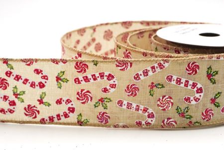 Cinta de alambre de Navidad con bastones de caramelo marrones claros y bayas de acebo_KF9578GC-13-183