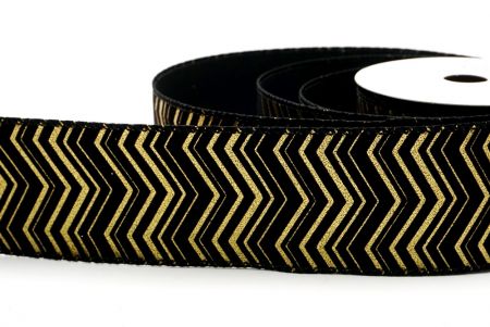 Black Metallic Chevron Pattern Velvet Wired Ribbon_KF9614GC-53-53