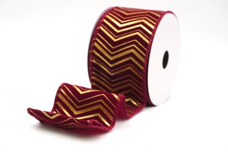 Burgundy Metallic Chevron Pattern Velvet Wired Ribbon_KF9614GC-8-8