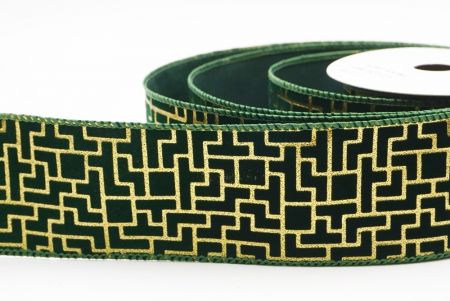 Green Geometric Maze Pattern Metallic Wired Ribbon_KF9617GC-3-127