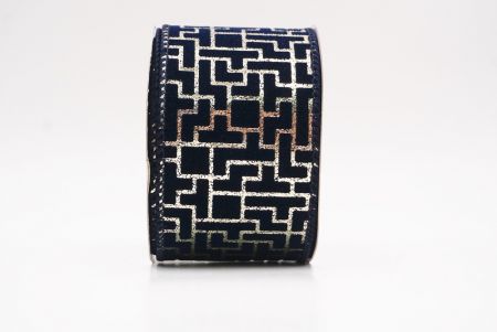Navy Blue Geometric Maze Pattern Metallic Wired Ribbon_KF9617GC-4-4