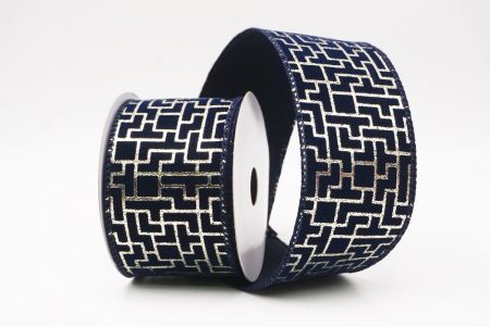 Navy Blue Geometric Maze Pattern Metallic Wired Ribbon_KF9617GC-4-4