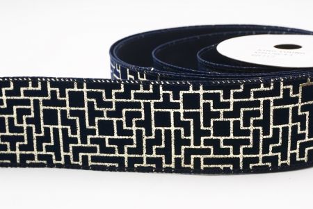 Navy Blue Geometric Maze Pattern Metallic Wired Ribbon_KF9617GC-4-4