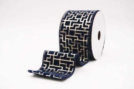 Navy Blue Geometric Maze Pattern Metallic Wired Ribbon_KF9617GC-4-4