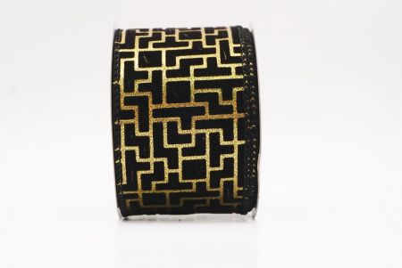 Black Geometric Maze Pattern Metallic Wired Ribbon_KF9617GC-53-53