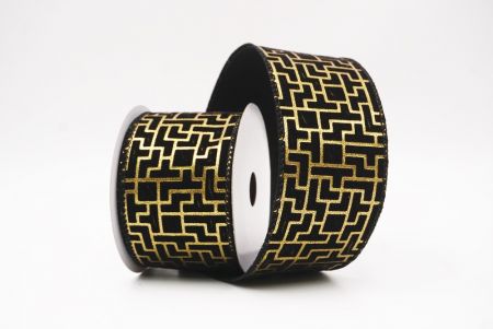 Black Geometric Maze Pattern Metallic Wired Ribbon_KF9617GC-53-53