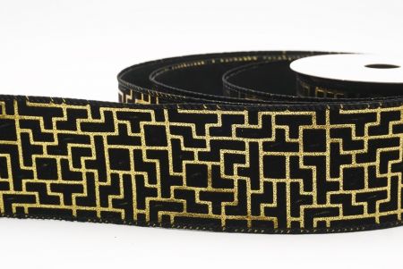 Black Geometric Maze Pattern Metallic Wired Ribbon_KF9617GC-53-53