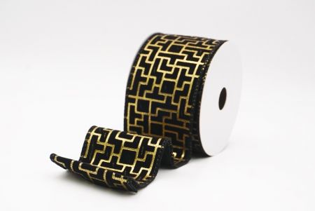 Black Geometric Maze Pattern Metallic Wired Ribbon_KF9617GC-53-53