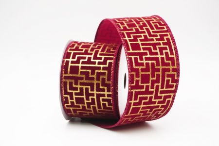 Burgundy Geometric Maze Pattern Metallic Wired Ribbon_KF9617GC-8-8