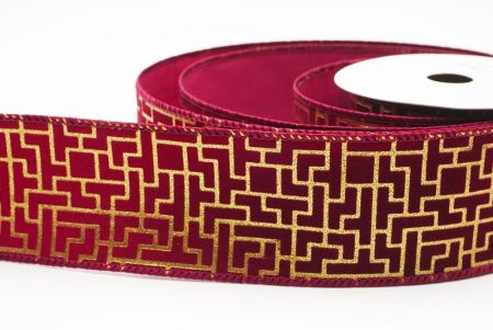 Burgundy Geometric Maze Pattern Metallic Wired Ribbon_KF9617GC-8-8