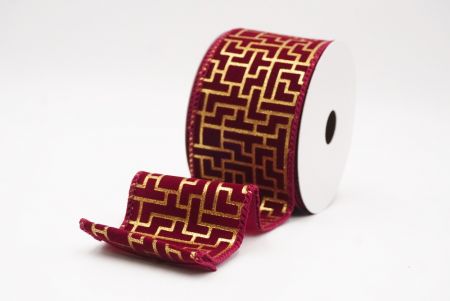 Burgundy Geometric Maze Pattern Metallic Wired Ribbon_KF9617GC-8-8