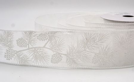 Białe Błyszczące Szyszki & Liście Świąteczna Wstążka Druciana_KF9624GC-1-1