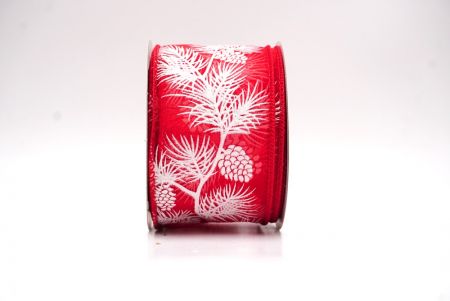Czerwono-Białe Błyszczące Szyszki & Liście Świąteczna Wstążka Druciana_KF9624GC-7-7