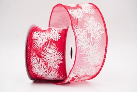 Czerwono-Białe Błyszczące Szyszki & Liście Świąteczna Wstążka Druciana_KF9624GC-7-7
