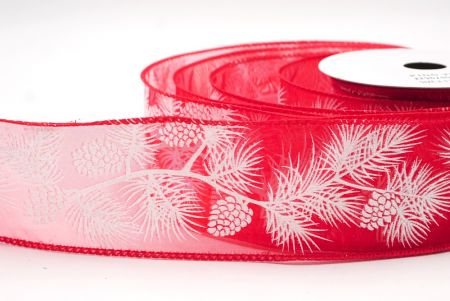 Czerwono-Białe Błyszczące Szyszki & Liście Świąteczna Wstążka Druciana_KF9624GC-7-7
