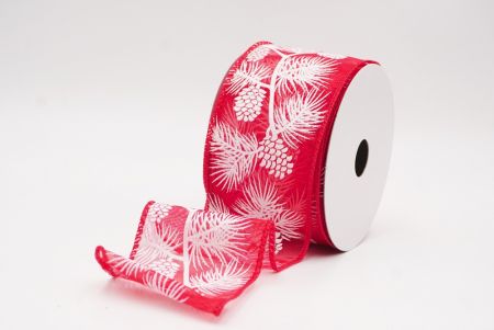 Czerwono-Białe Błyszczące Szyszki & Liście Świąteczna Wstążka Druciana_KF9624GC-7-7