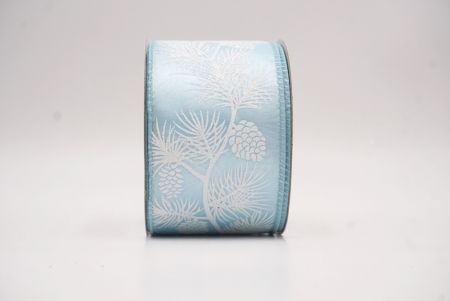 Jasnoniebieskie-Białe Błyszczące Szyszki & Liście Świąteczna Wstążka Druciana_KF9625GC-12-12