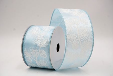 Jasnoniebieskie-Białe Błyszczące Szyszki & Liście Świąteczna Wstążka Druciana_KF9625GC-12-12