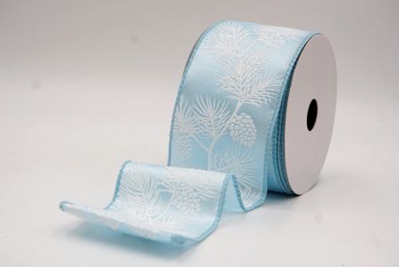 Jasnoniebieskie-Białe Błyszczące Szyszki & Liście Świąteczna Wstążka Druciana_KF9625GC-12-12