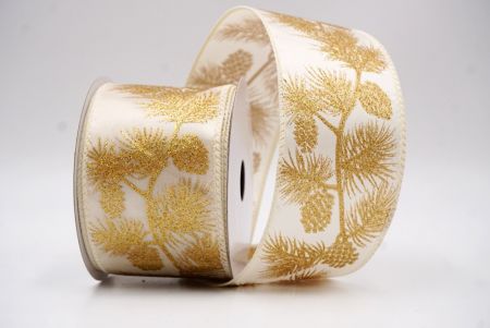 Kremowo-Złote Błyszczące Szyszki & Liście Świąteczna Wstążka Druciana_KF9626GC-2-2