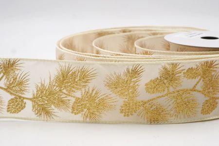 Kremowo-Złote Błyszczące Szyszki & Liście Świąteczna Wstążka Druciana_KF9626GC-2-2