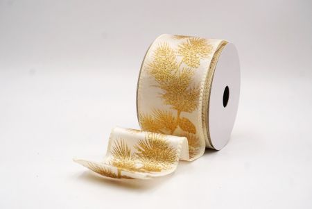 Kremowo-Złote Błyszczące Szyszki & Liście Świąteczna Wstążka Druciana_KF9626GC-2-2