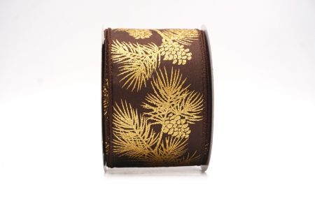 Brązowy - Złote błyszczące szyszki i liście Świąteczna wstążka druciana_KF9626GC-58-58