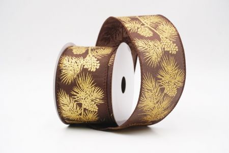 Brązowy - Złote błyszczące szyszki i liście Świąteczna wstążka druciana_KF9626GC-58-58