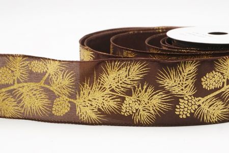 Brązowy - Złote błyszczące szyszki i liście Świąteczna wstążka druciana_KF9626GC-58-58