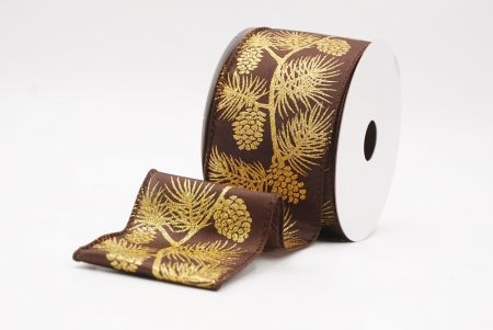 Brązowy - Złote błyszczące szyszki i liście Świąteczna wstążka druciana_KF9626GC-58-58