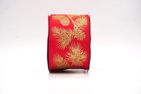 Czerwono-Złote Błyszczące Szyszki & Liście Świąteczna Wstążka Druciana_KF9626GC-7-7